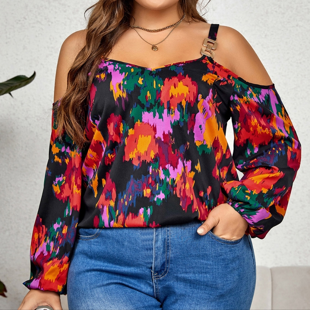 Curvy Vibrance Chain-Strap Cold Shoulder Top - Picture 1 of 3